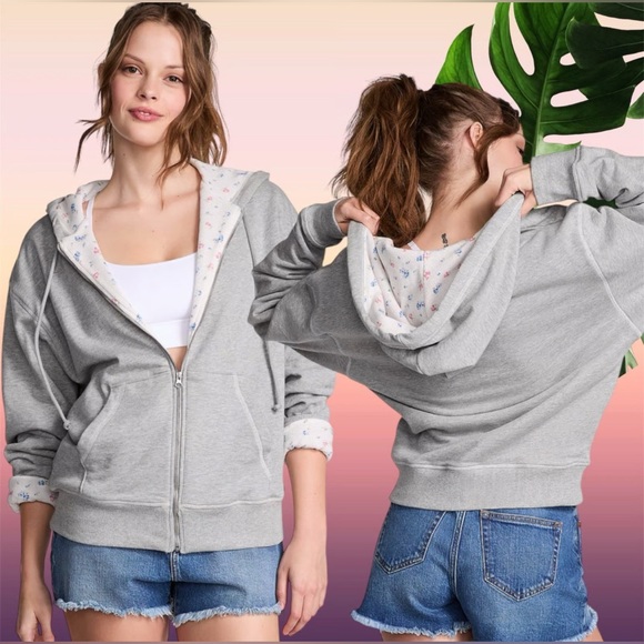 Frankie's Bikinis Tops - Frankie's Bikinis Gray Hoodie with Floral Accents XS/S